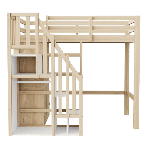 Cama alta 90x200 cm - Com escada de segurança, armário de arrumação - Cor madeira natural