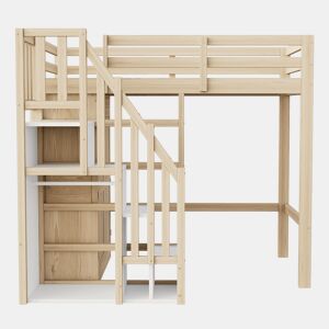 Cama alta 90x200 cm - Com escada de segurança, armário de arrumação - Cor madeira natural