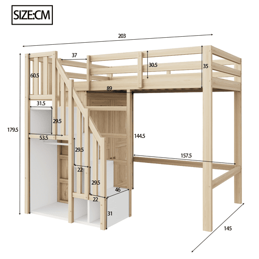 Cama alta 90x200 cm - Com escada de segurança, armário de arrumação - Cor madeira natural