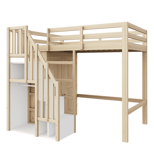 Cama alta 90x200 cm - Com escada de segurança, armário de arrumação - Cor madeira natural