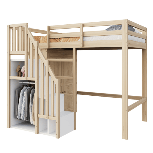 Cama alta 90x200 cm - Com escada de segurança, armário de arrumação - Cor madeira natural