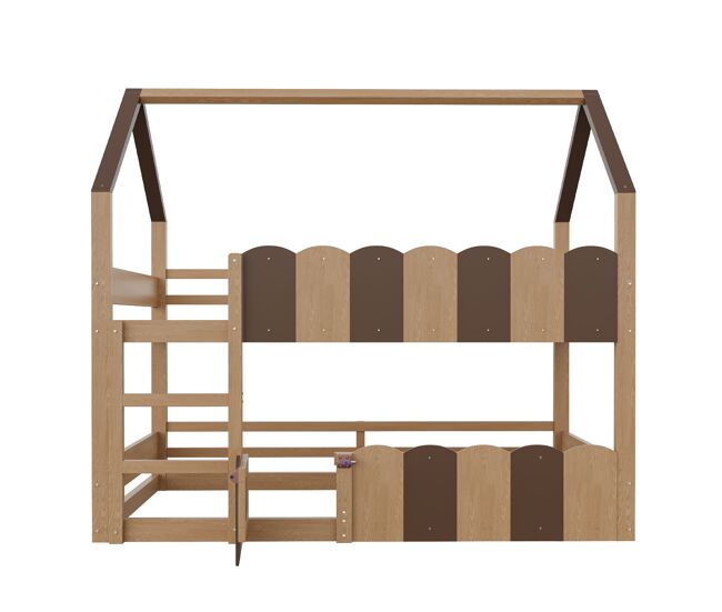 Litera infantil 90x200 cm - diseño en forma de casa con barandillas altas - color madera