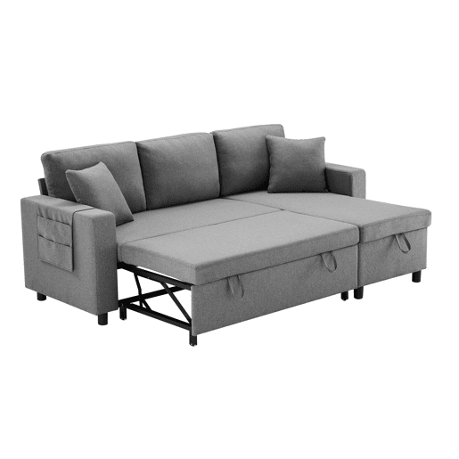 Sofá-cama em forma de L com 3 lugares - Chaise longue intercambiável, com arrumação, cinzento escuro