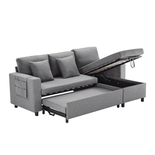 Sofá-cama em forma de L com 3 lugares - Chaise longue intercambiável, com arrumação, cinzento escuro