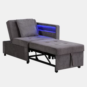 Sofá-cama 3 em 1 - Sofá de linho com encosto ajustável, braços com LED e portas USBC - Cinza escuro