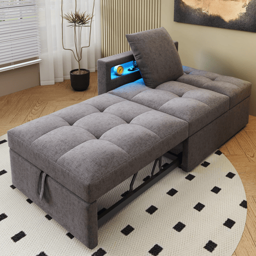 Sofá-cama 3 em 1 - Sofá de linho com encosto ajustável, braços com LED e portas USBC - Cinza escuro
