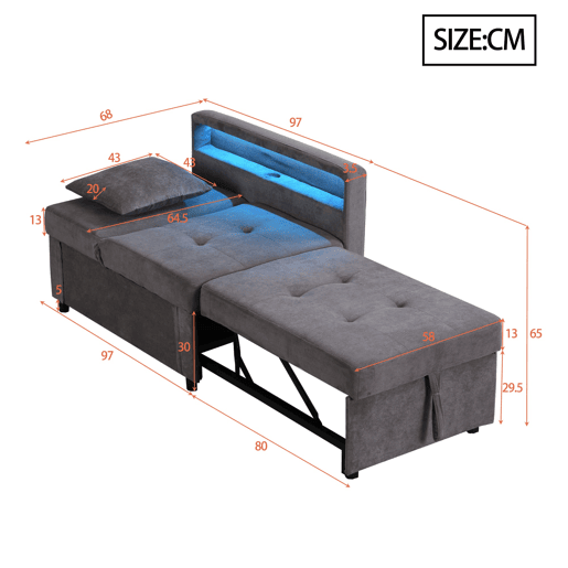 Sofá-cama 3 em 1 - Sofá de linho com encosto ajustável, braços com LED e portas USBC - Cinza escuro