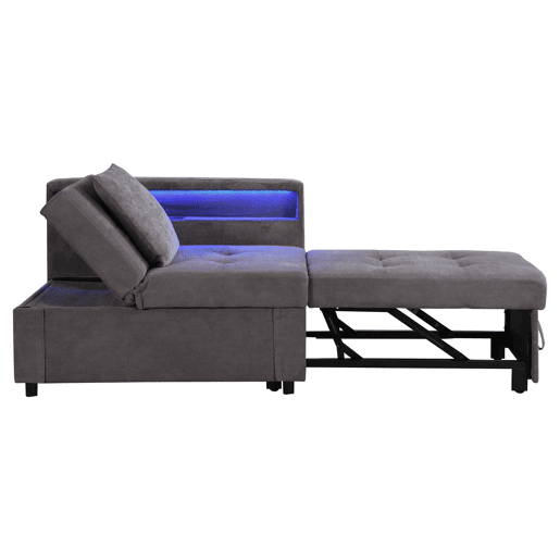 Sofá-cama 3 em 1 - Sofá de linho com encosto ajustável, braços com LED e portas USBC - Cinza escuro