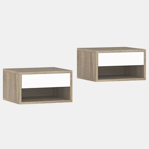 HOMCOM Conjunto de 2 Mesas de Cabeceira Flutuantes com Luzes LED RGB Controlo por APP Mesas de Cabeceira para Quarto com Gaveta Prateleira Aberta 37x32x21 cm Madeira e Branco