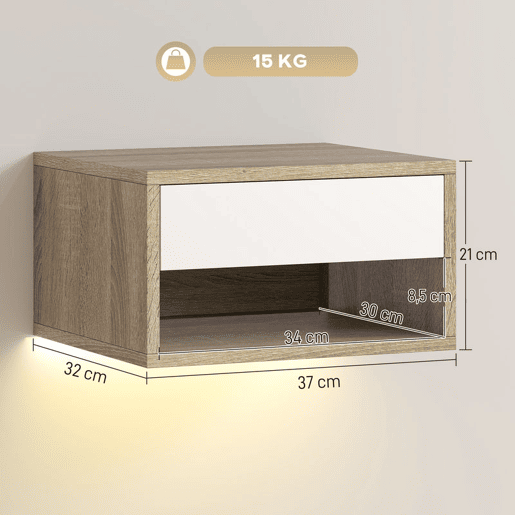 HOMCOM Conjunto de 2 Mesas de Cabeceira Flutuantes com Luzes LED RGB Controlo por APP Mesas de Cabeceira para Quarto com Gaveta Prateleira Aberta 37x32x21 cm Madeira e Branco HOMCOM Conjunto de 2 Mesas de Cabeceira Flutuantes com Luzes LED RGB Controlo por APP Mesas de Cabeceira para Quarto com Gaveta Prateleira Aberta 37x32x21 cm Madeira e Branco