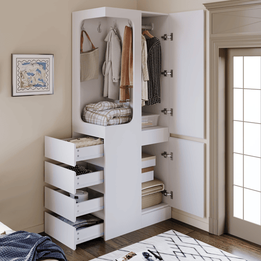Armário 70x40x170 cm - 1 porta, gavetas e prateleiras, zona aberta para roupa - Branco Armário 70x40x170 cm - 1 porta, gavetas e prateleiras, zona aberta para roupa - Branco