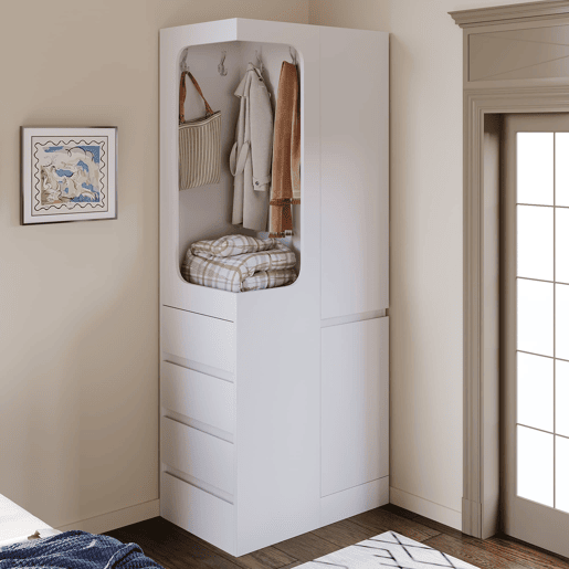 Armário 70x40x170 cm - 1 porta, gavetas e prateleiras, zona aberta para roupa - Branco Armário 70x40x170 cm - 1 porta, gavetas e prateleiras, zona aberta para roupa - Branco