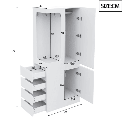 Armário 70x40x170 cm - 1 porta, gavetas e prateleiras, zona aberta para roupa - Branco Armário 70x40x170 cm - 1 porta, gavetas e prateleiras, zona aberta para roupa - Branco