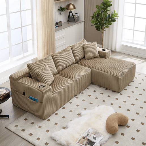 Sofá modular de 3 lugares - chaise longue, 5 almofadas, bolsos laterais, porta-copos, tecido macio, espuma densa - cáqui
