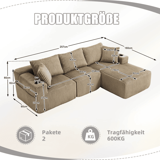Sofá modular de 3 lugares - chaise longue, 5 almofadas, bolsos laterais, porta-copos, tecido macio, espuma densa - cáqui