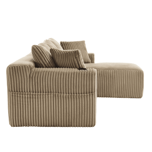 Sofá modular de 3 lugares - chaise longue, 5 almofadas, bolsos laterais, porta-copos, tecido macio, espuma densa - cáqui