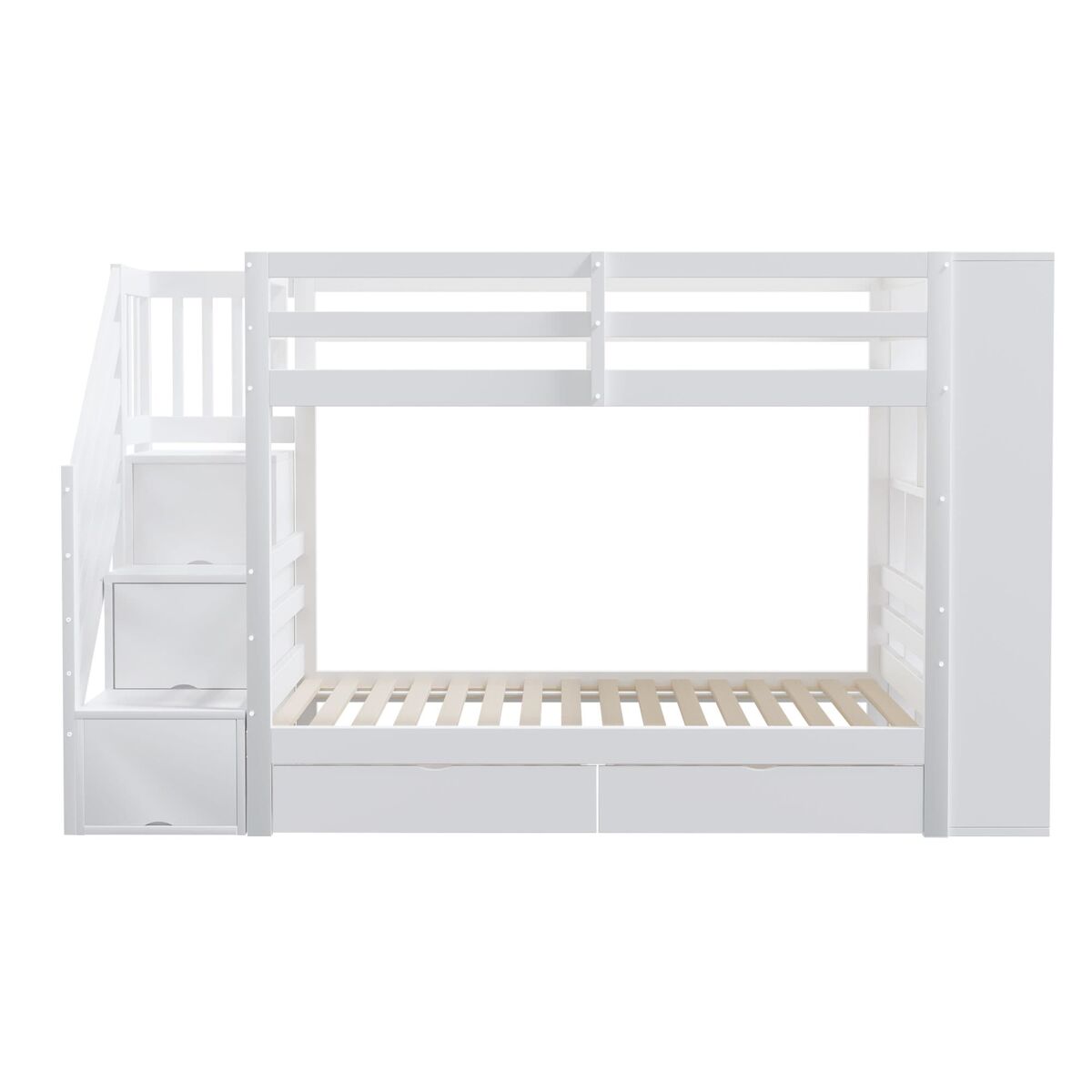 Cama litera 90x200 cm - escalera de seguridad con compartimentos, cajones y armarios, estructura alta, blanco