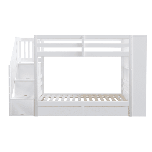 Beliche 90x200 cm - Escada de segurança com compartimentos, gavetas e armários, estrutura alta, branco