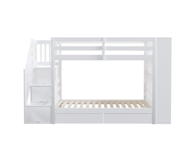 Cama litera 90x200 cm - escalera de seguridad con compartimentos, cajones y armarios, estructura alta, blanco