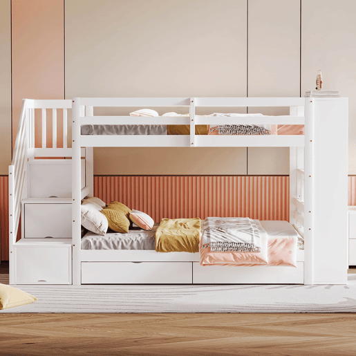 Beliche 90x200 cm - Escada de segurança com compartimentos, gavetas e armários, estrutura alta, branco