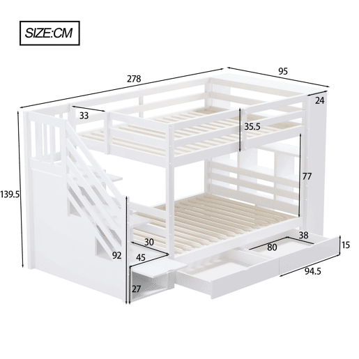 Beliche 90x200 cm - Escada de segurança com compartimentos, gavetas e armários, estrutura alta, branco