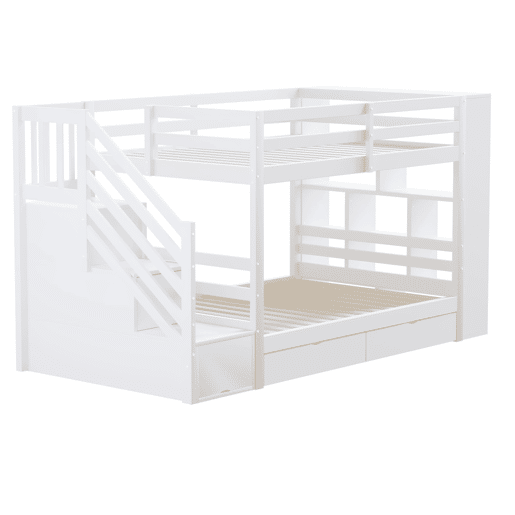 Beliche 90x200 cm - Escada de segurança com compartimentos, gavetas e armários, estrutura alta, branco