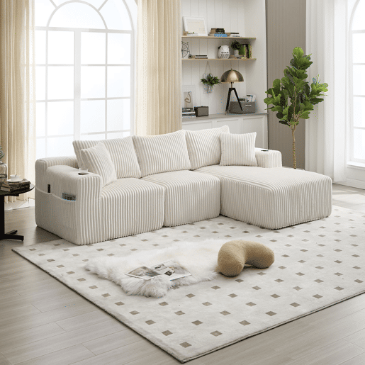 Sofá modular de 3 lugares - com chaise longue, 5 almofadas, bolsos laterais - Bege