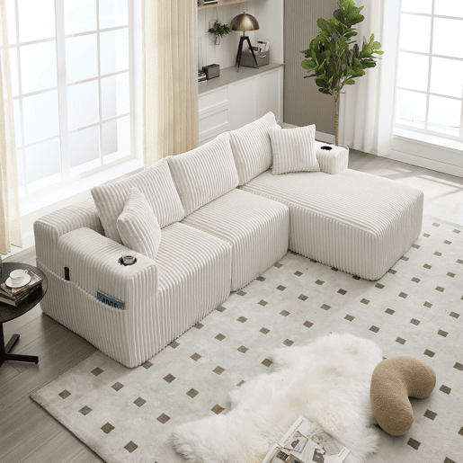 Sofá modular de 3 lugares - com chaise longue, 5 almofadas, bolsos laterais - Bege