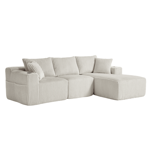 Sofá modular de 3 lugares - com chaise longue, 5 almofadas, bolsos laterais - Bege