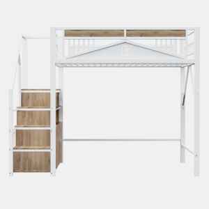 Cama alta metálica 140 x 200 cm - Com estrutura de segurança com janela e escada com armário - Branco