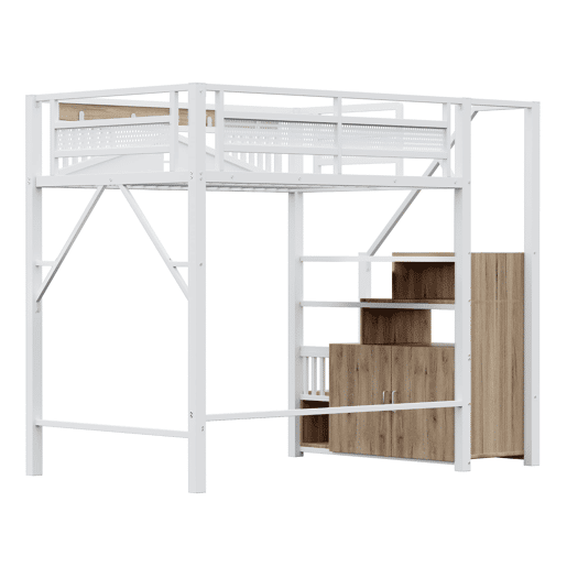 Cama alta metálica 140 x 200 cm - Com estrutura de segurança com janela e escada com armário - Branco