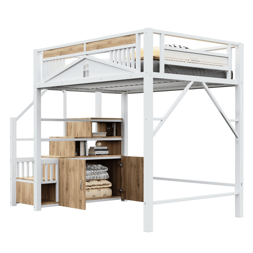 Cama alta metálica 140 x 200 cm - Com estrutura de segurança com janela e escada com armário - Branco