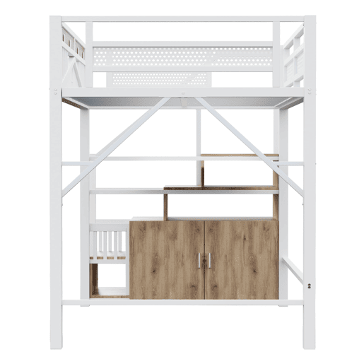 Cama alta metálica 140 x 200 cm - Com estrutura de segurança com janela e escada com armário - Branco