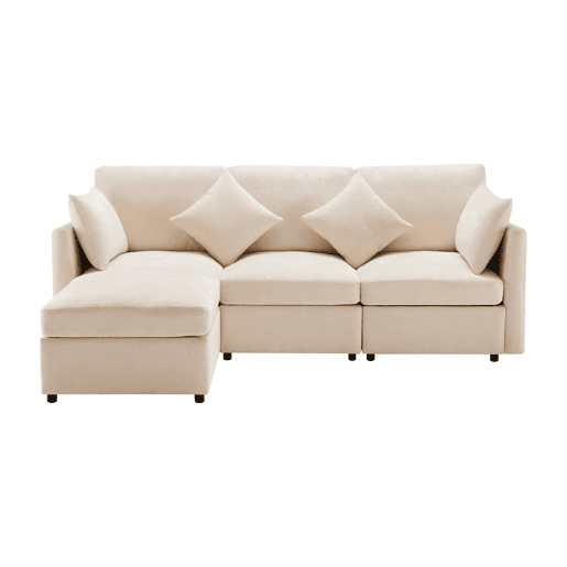 Sofá modular de 4 lugares - Design moderno, chenille, sofá em forma de L com apoio para os pés - Bege
