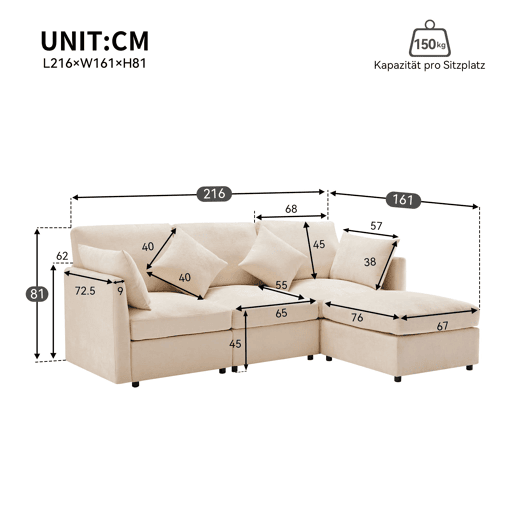 Sofá modular de 4 lugares - Design moderno, chenille, sofá em forma de L com apoio para os pés - Bege