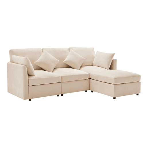 Sofá modular de 4 lugares - Design moderno, chenille, sofá em forma de L com apoio para os pés - Bege