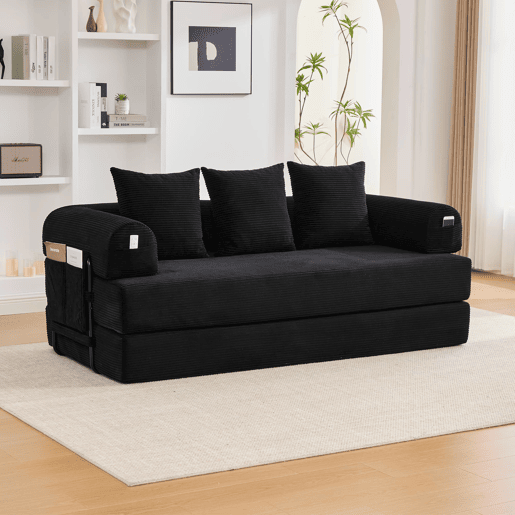 Sofá dobrável de 3 lugares - Estrutura metálica, 3 almofadas, com bolsos laterais - Preto