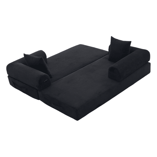 Sofá dobrável de 3 lugares - Estrutura metálica, 3 almofadas, com bolsos laterais - Preto