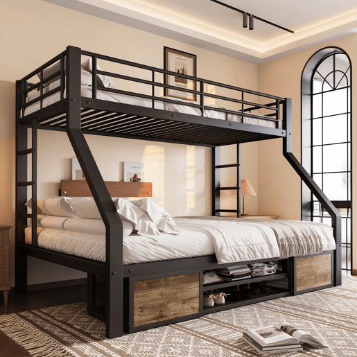 Beliche 90x200 cm + 140x200 cm - Cama infantil com sapateira, prateleiras, grades, escada, certificada EN747 - Preto