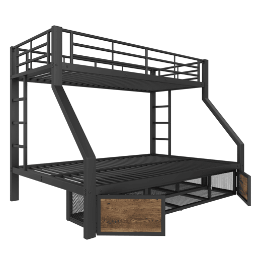 Beliche 90x200 cm + 140x200 cm - Cama infantil com sapateira, prateleiras, grades, escada, certificada EN747 - Preto