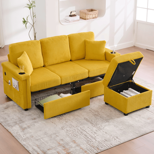 Sofá de veludo para 4 pessoas - com iluminação LED, porta USB-C, arrumação e porta-copos - Amarelo mostarda