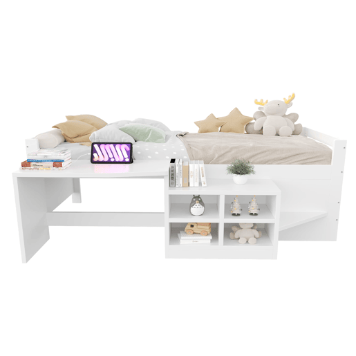 Cama infantil 90x200 cm - Com arrumação, secretária com tomadas, cama individual, madeira, branca