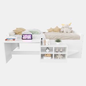 Cama infantil 90x200 cm - Com arrumação, secretária com tomadas, cama individual, madeira, branca