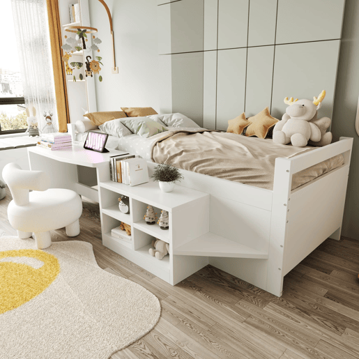 Cama infantil 90x200 cm - Com arrumação, secretária com tomadas, cama individual, madeira, branca