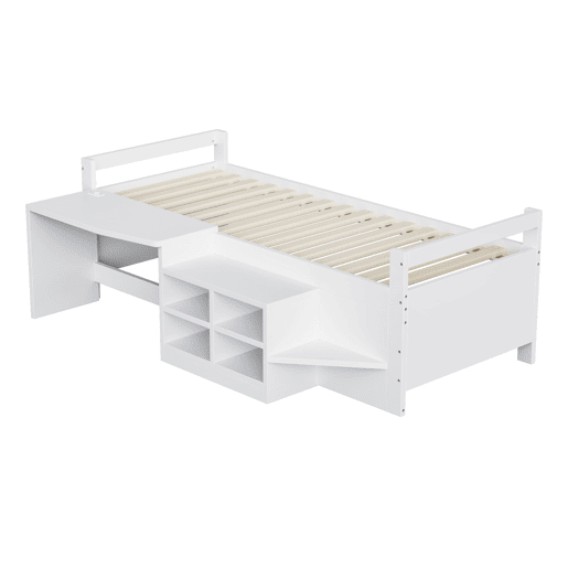 Cama infantil 90x200 cm - Com arrumação, secretária com tomadas, cama individual, madeira, branca