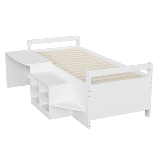 Cama infantil 90x200 cm - Com arrumação, secretária com tomadas, cama individual, madeira, branca