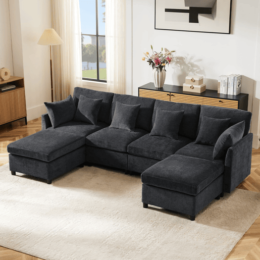 Sofá modular de 6 lugares - em forma de L e U, com apoio para os pés removível - Cinza