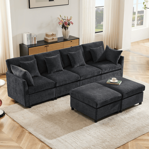 Sofá modular de 6 lugares - em forma de L e U, com apoio para os pés removível - Cinza