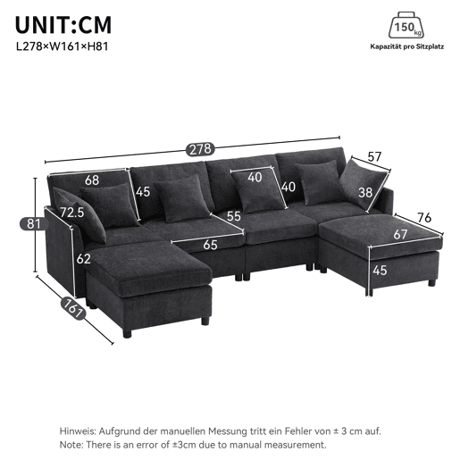 Sofá modular de 6 lugares - em forma de L e U, com apoio para os pés removível - Cinza