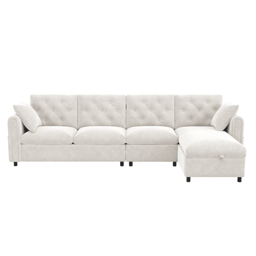 Sofá moderno de veludo 281x86x71 cm - Espaço de arrumação no canto, braços com bolsos - Bege